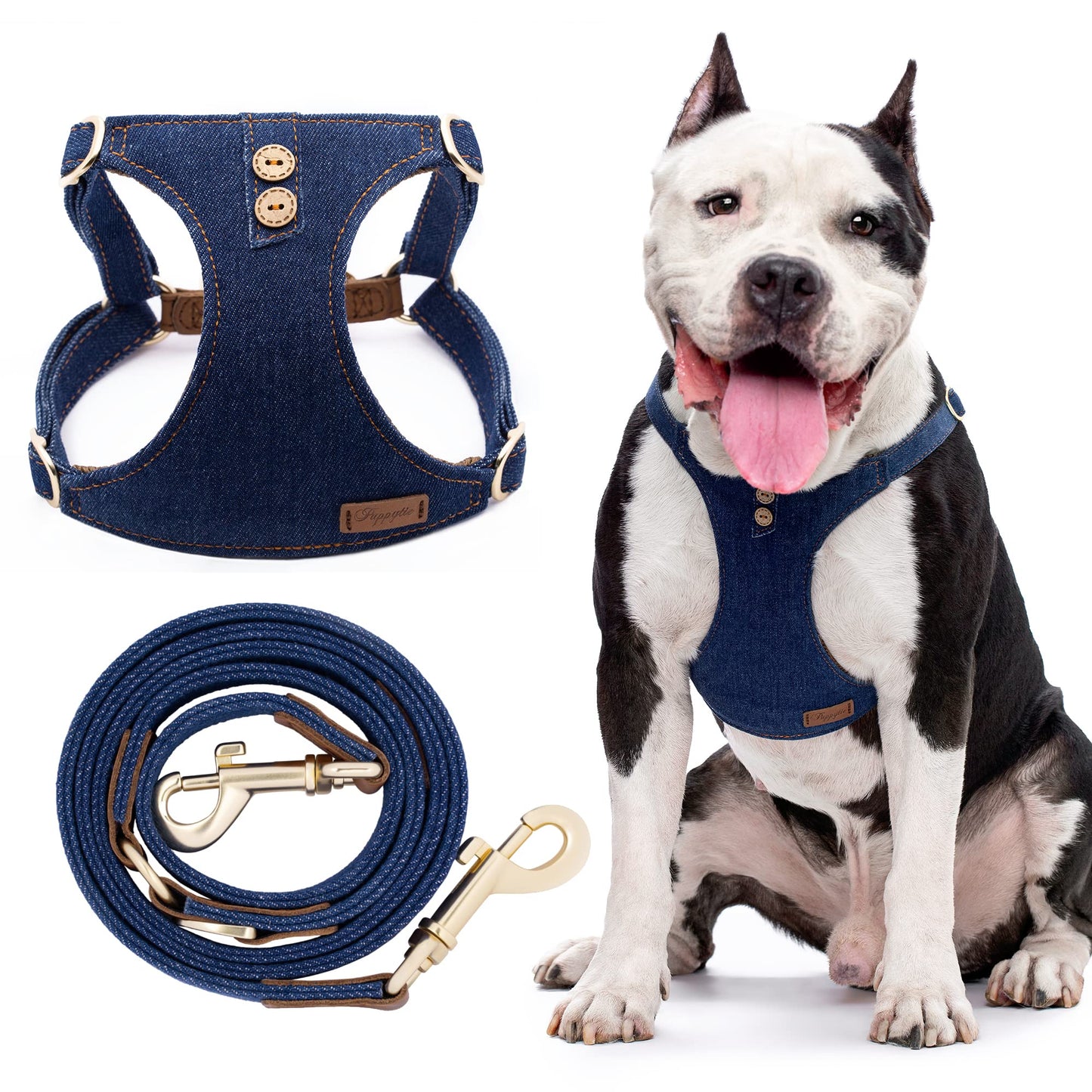 No Pull Dog Harness with Multifunction Dog LeashSoft Adjustable No Choke Escape Proof Pet Harness Vest for Medium Dogs or Large DogsDenim BlueL