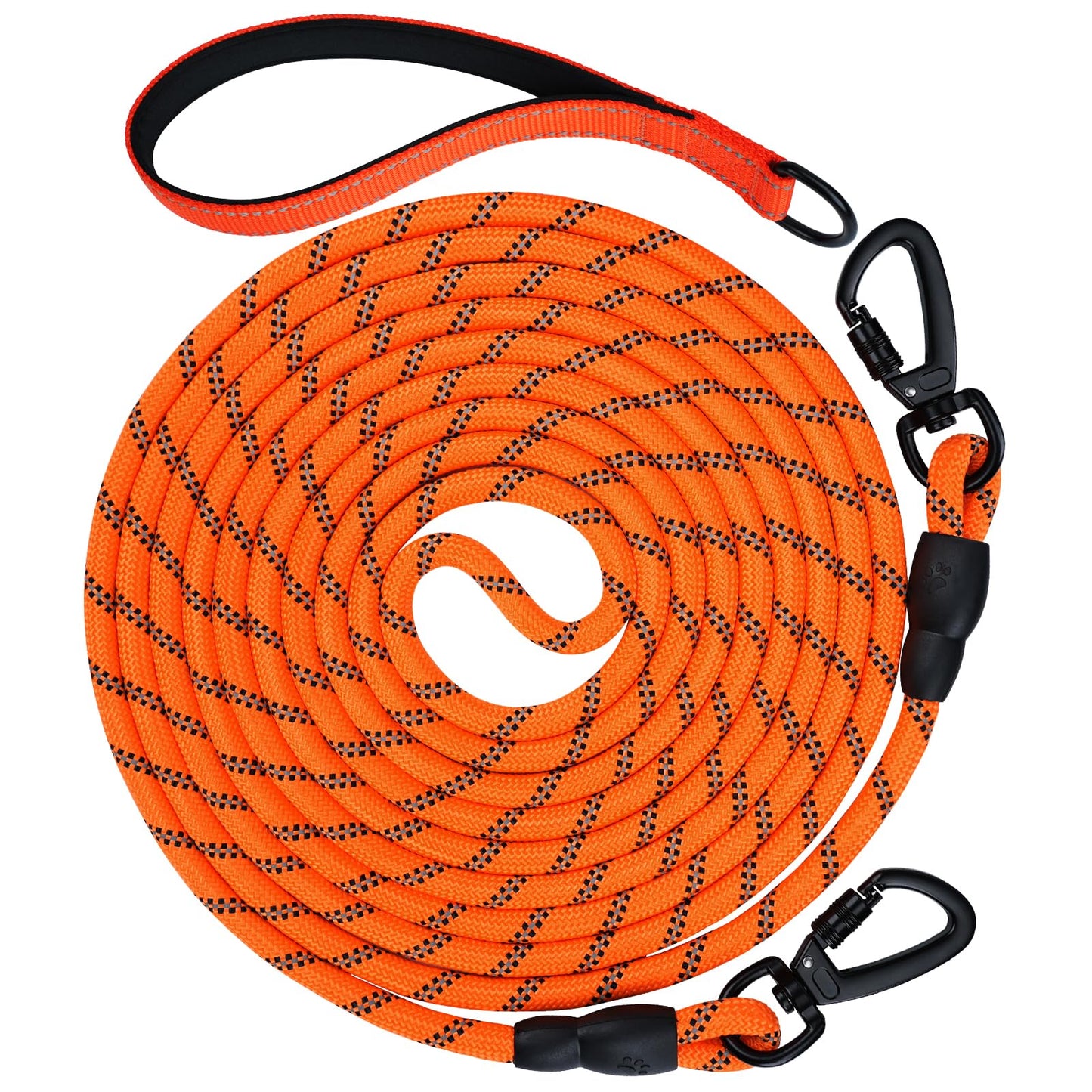 Aiyuda 65ft Long Dog Leash | Neoprene Padded Handle | Lockable Heavy Duty Clip | Handle Removable for Temporary Tie Out | Dog TrainingHikingCampingPlaying Outside or in Yard | Orange 3/8" Thick