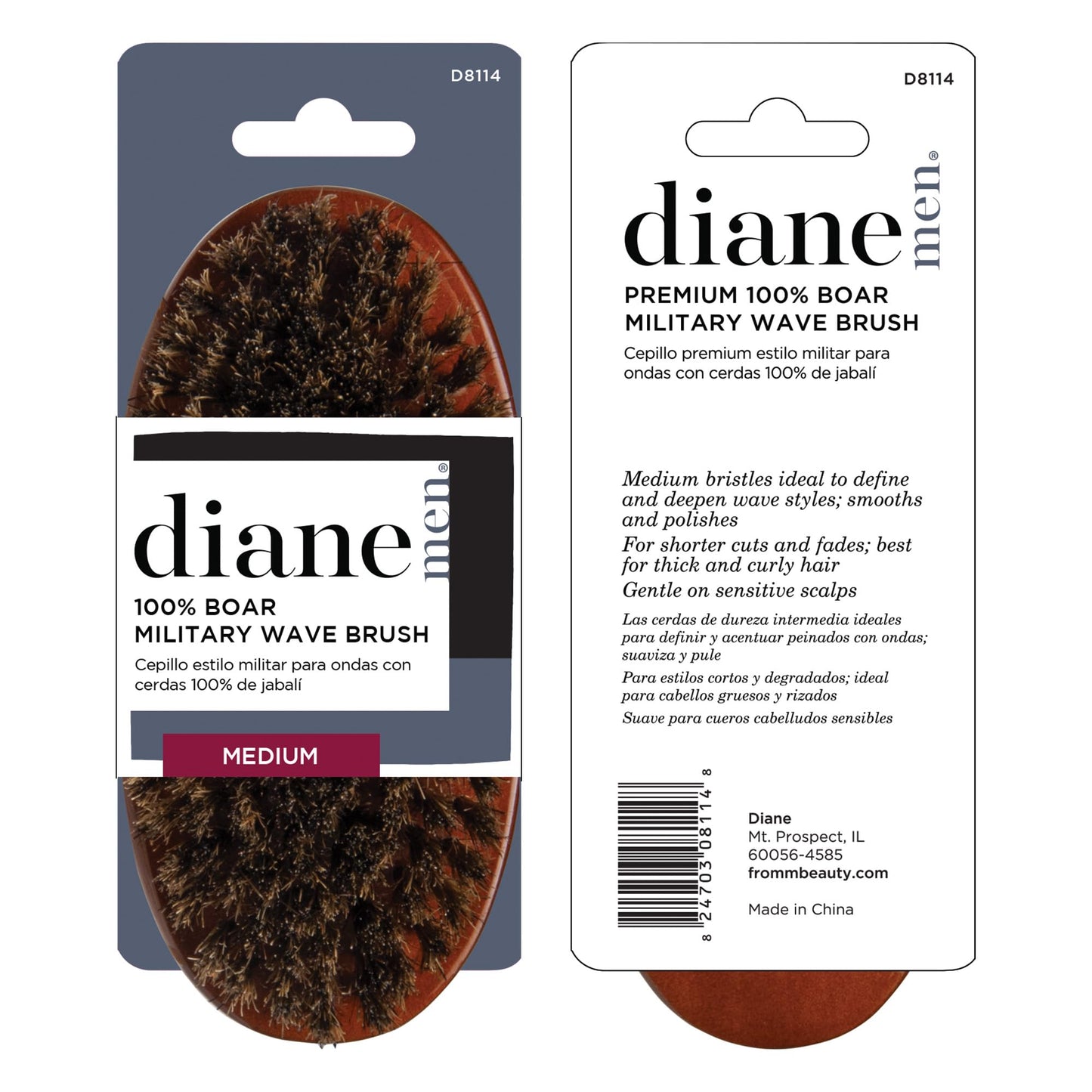 Diane Premium 100% Boar Bristle Military Wave Brush for Men and Barbers – Medium Bristles for Thick Coarse Hair – Use for Detangling, Smoothing, Wave Styles, Soft on Scalp, Restores Shine Military Brush