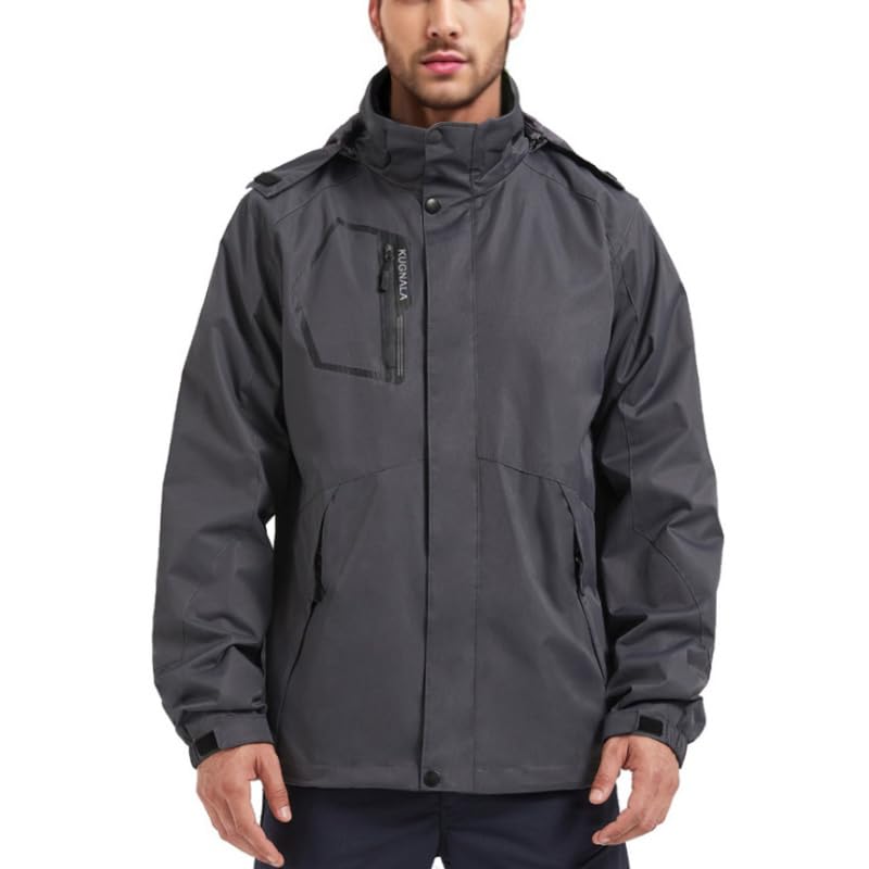 Kugnala Mens Rain Jacket Waterproof Raincoat Hood Lightweight Windproof Windbreaker Jackets for Men Outdoor Hiking Cycling Travel Grey 2XL
